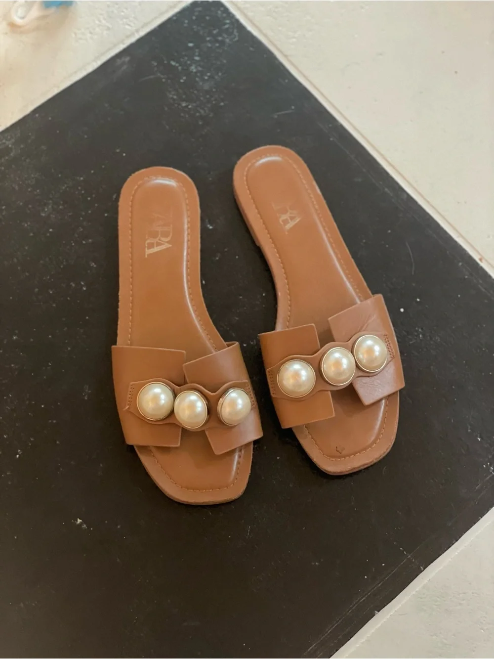 Zara Tan Slide Sandals with Pearl Accents